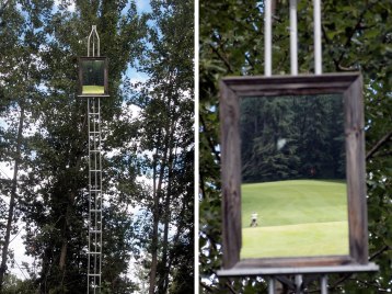 A mirror mounted on a tall stand shows whether golfers in the preceding group are still in range.
